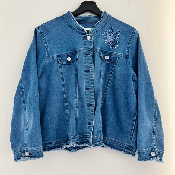 Alfred Dunner Butterly Embellished Lightweight Denim Jacket Women's Size 16P - Picture 2 of 7